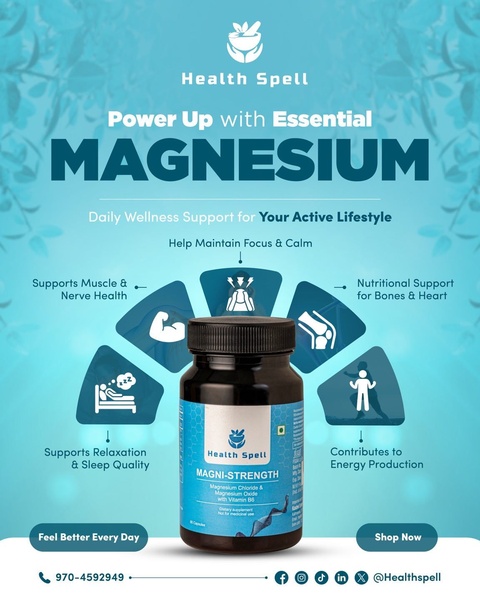A high-clarity 4:5 vertical ad for a magnesium supplement, using a clean infographic style to highlight five core health benefits.
